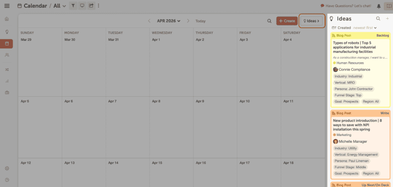 Use the ideas bin within calendar to store and brainstorm marketing ideas.