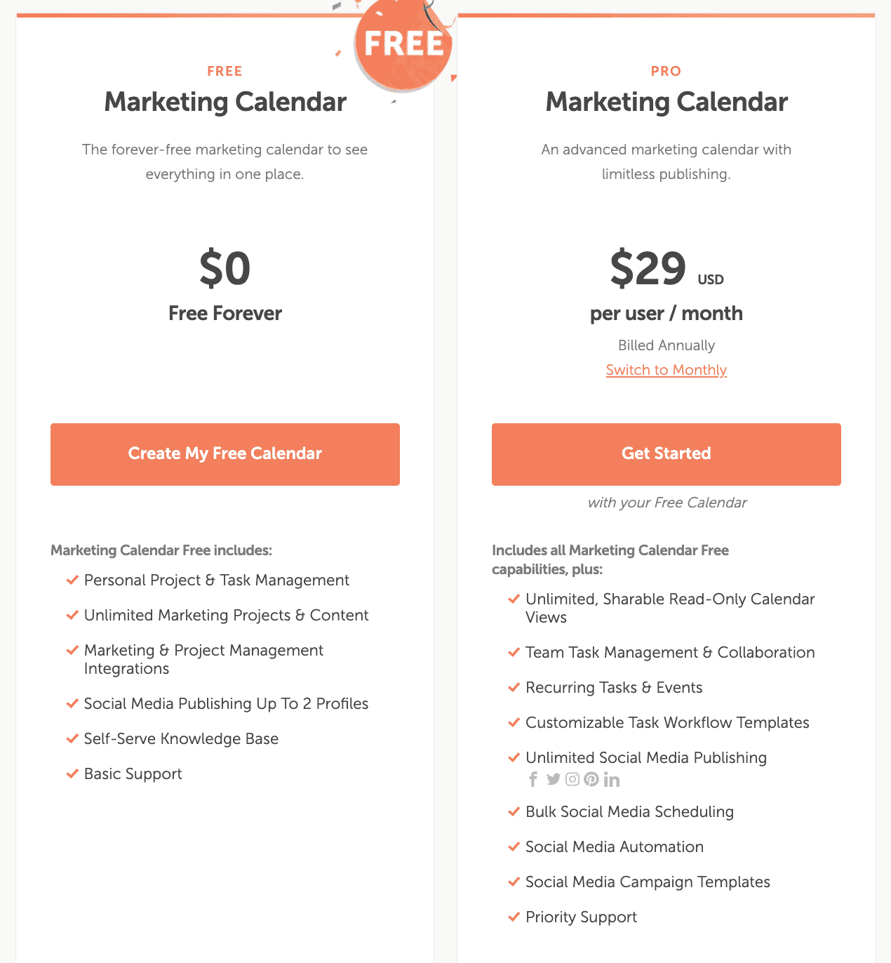Marketing Calendar Plans and Pricing