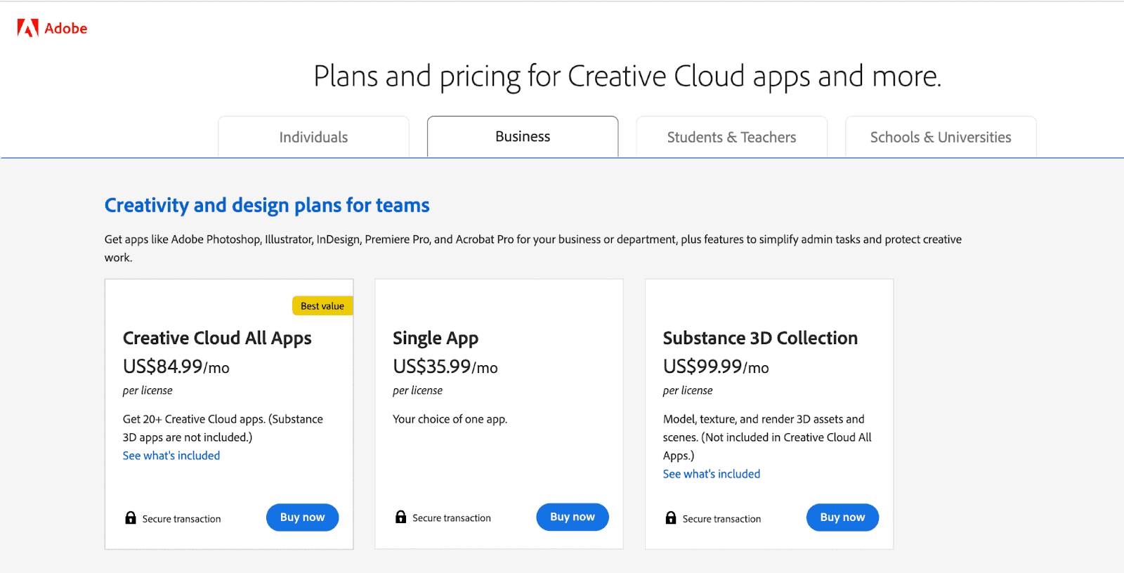 Adobe Creative Cloud pricing page