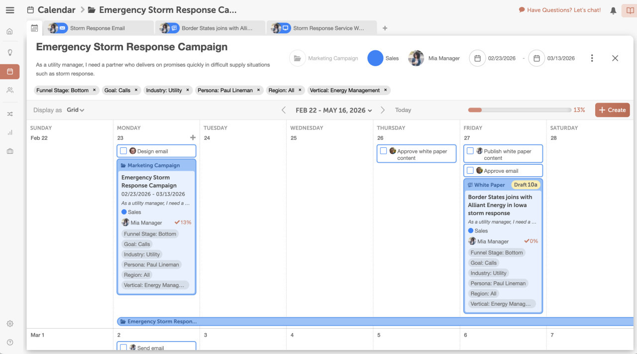 CoSchedule campaign tasks on calendar