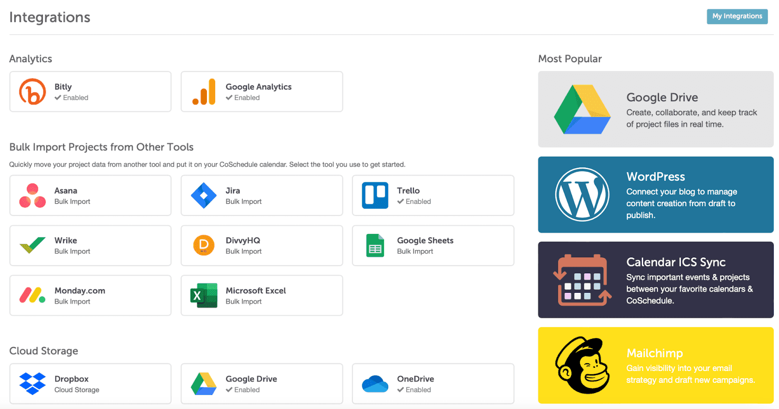 Example of different CoSchedule intergrations