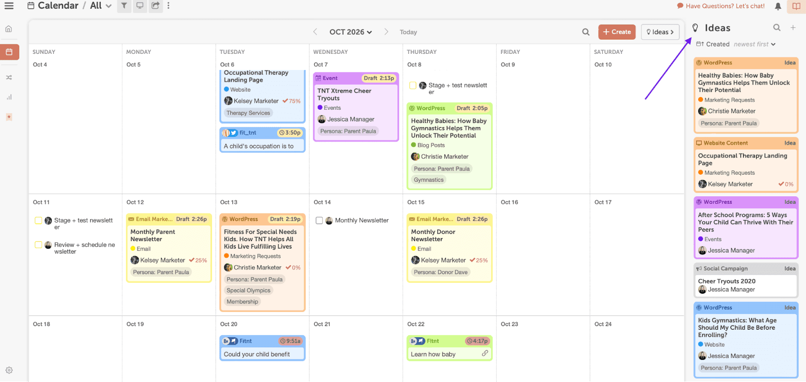 CoSchedule Calendar view with ideas tab