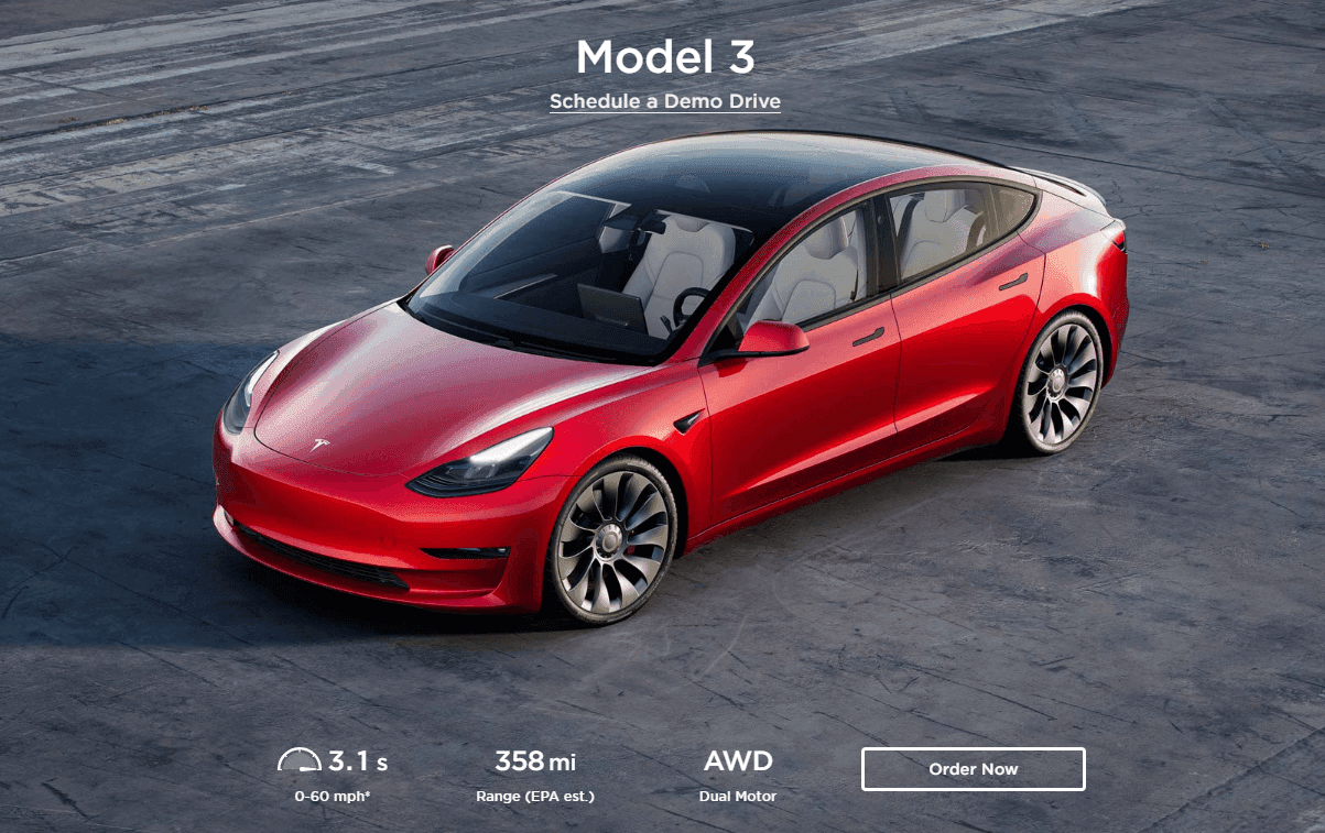 Tesla Model 3 advertisement to order or schedule a demo drive