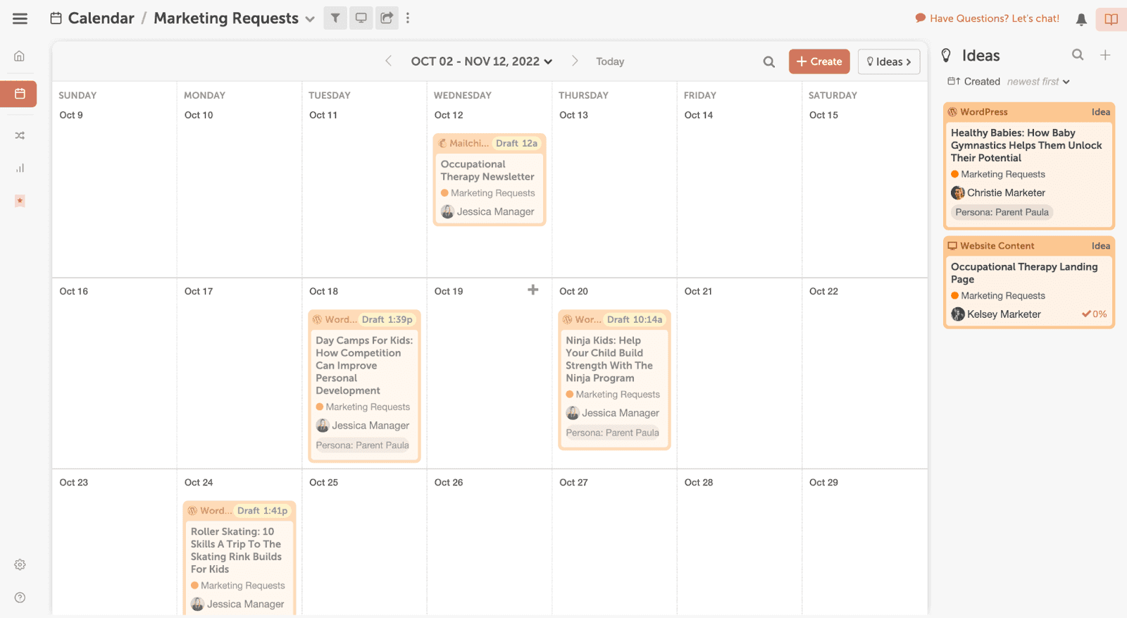 Idea bins in marketing request form calendar