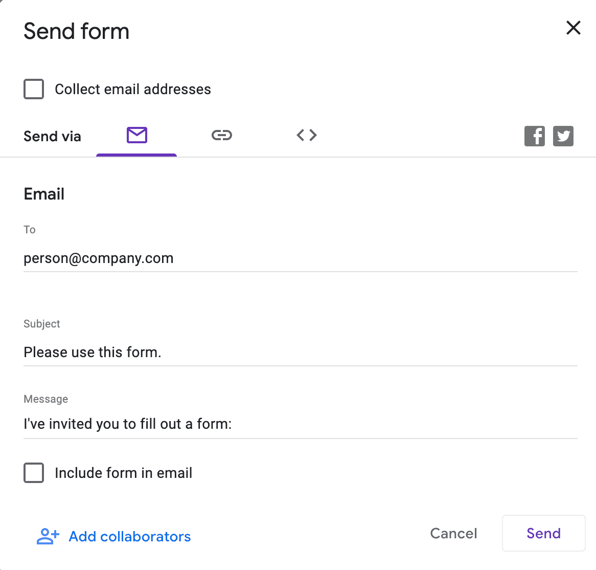 Share google forms via email