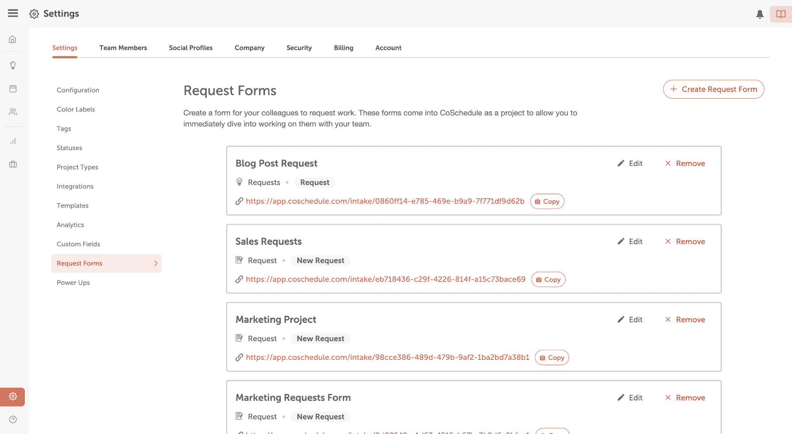 Sharing request form with marketing suite