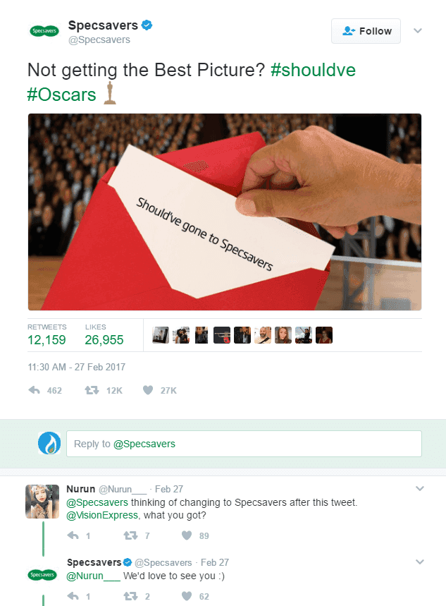 "Not getting the Best Picture? #shouldve #Oscars" tweet by Specsavers