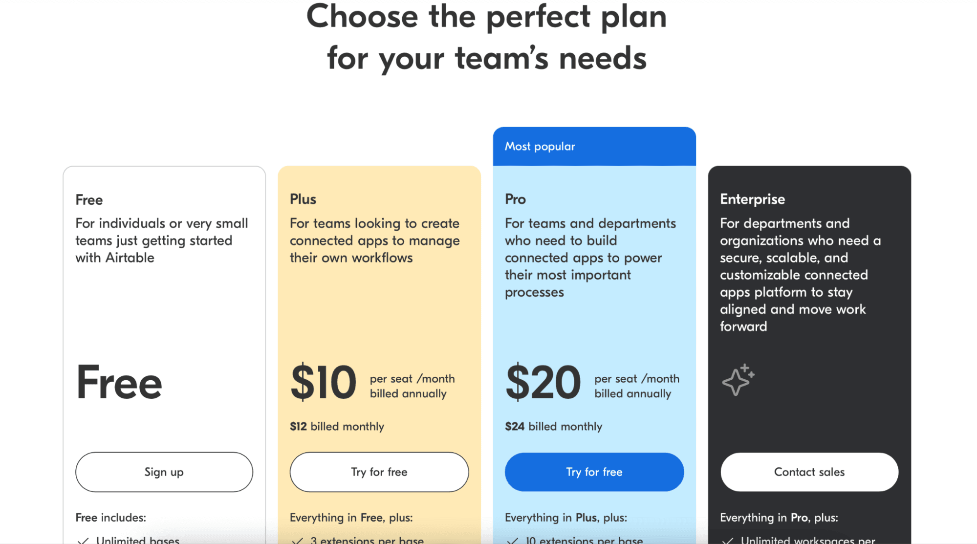 Airtable plans and pricing page