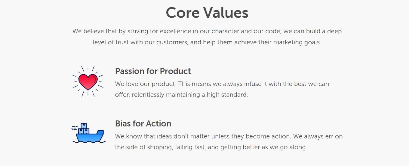 Core values of coschedule such as passion for product and bias for action.
