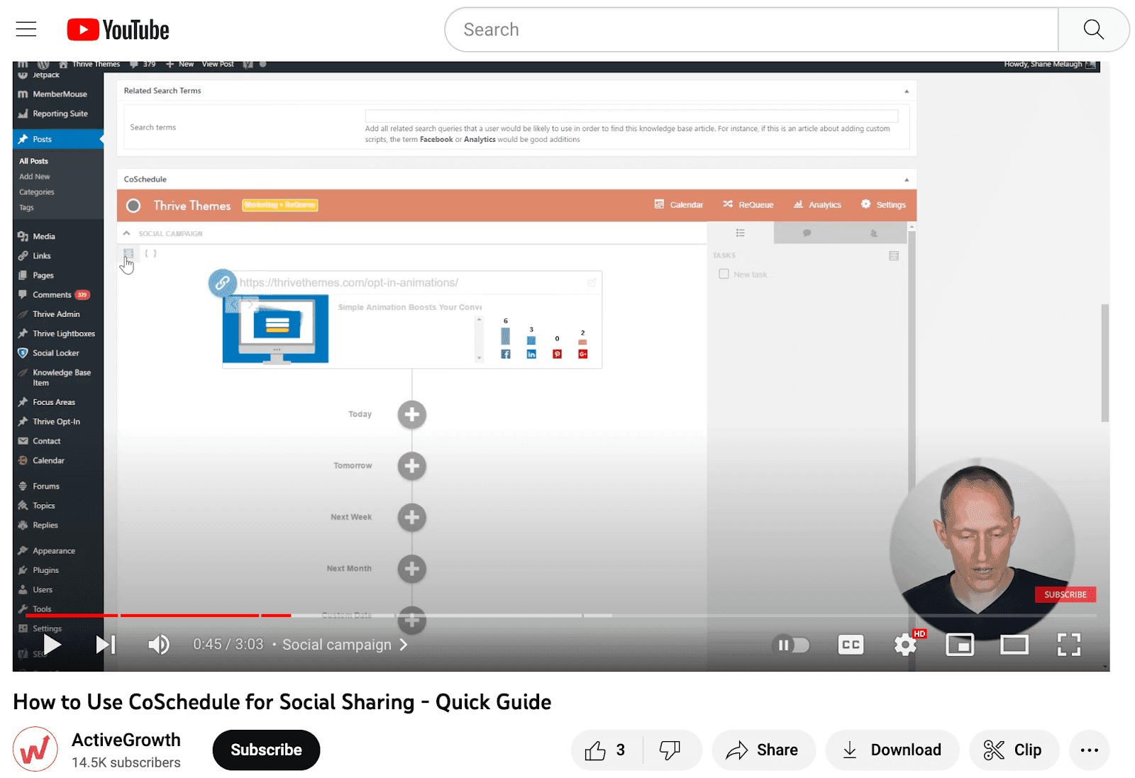 Screenshot of a Youtube video of a tutorial on how to use CoSchedule for Social Sharing.