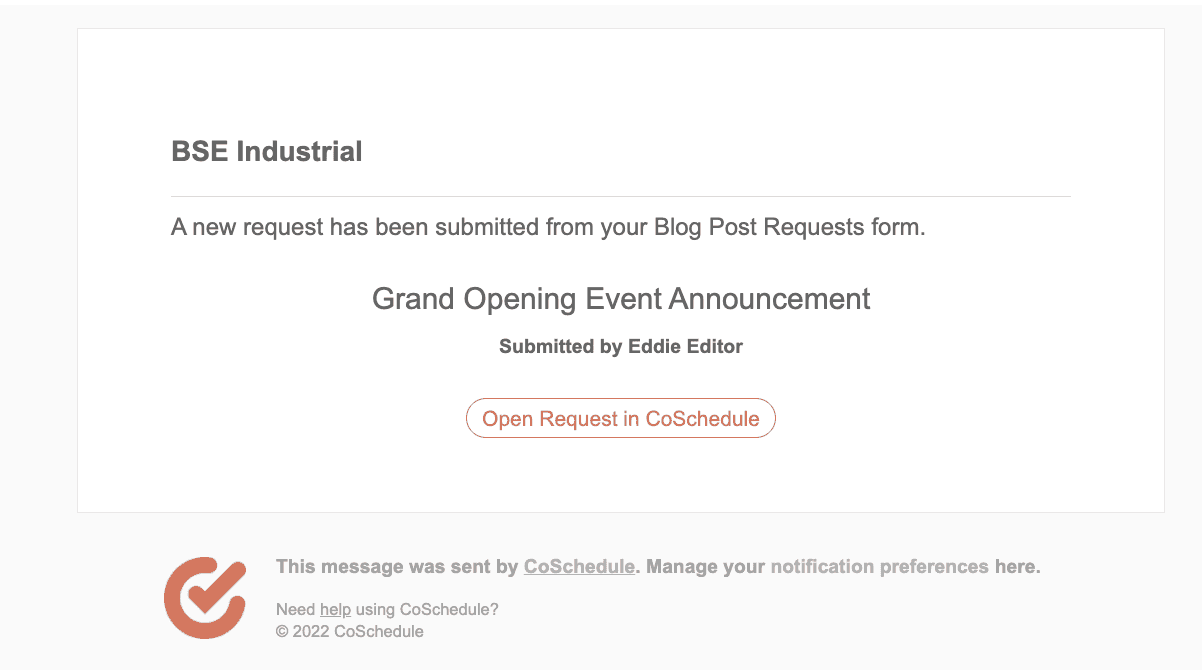 A screenshot of how your notifications for requests will appear in your email and coschedule app. 