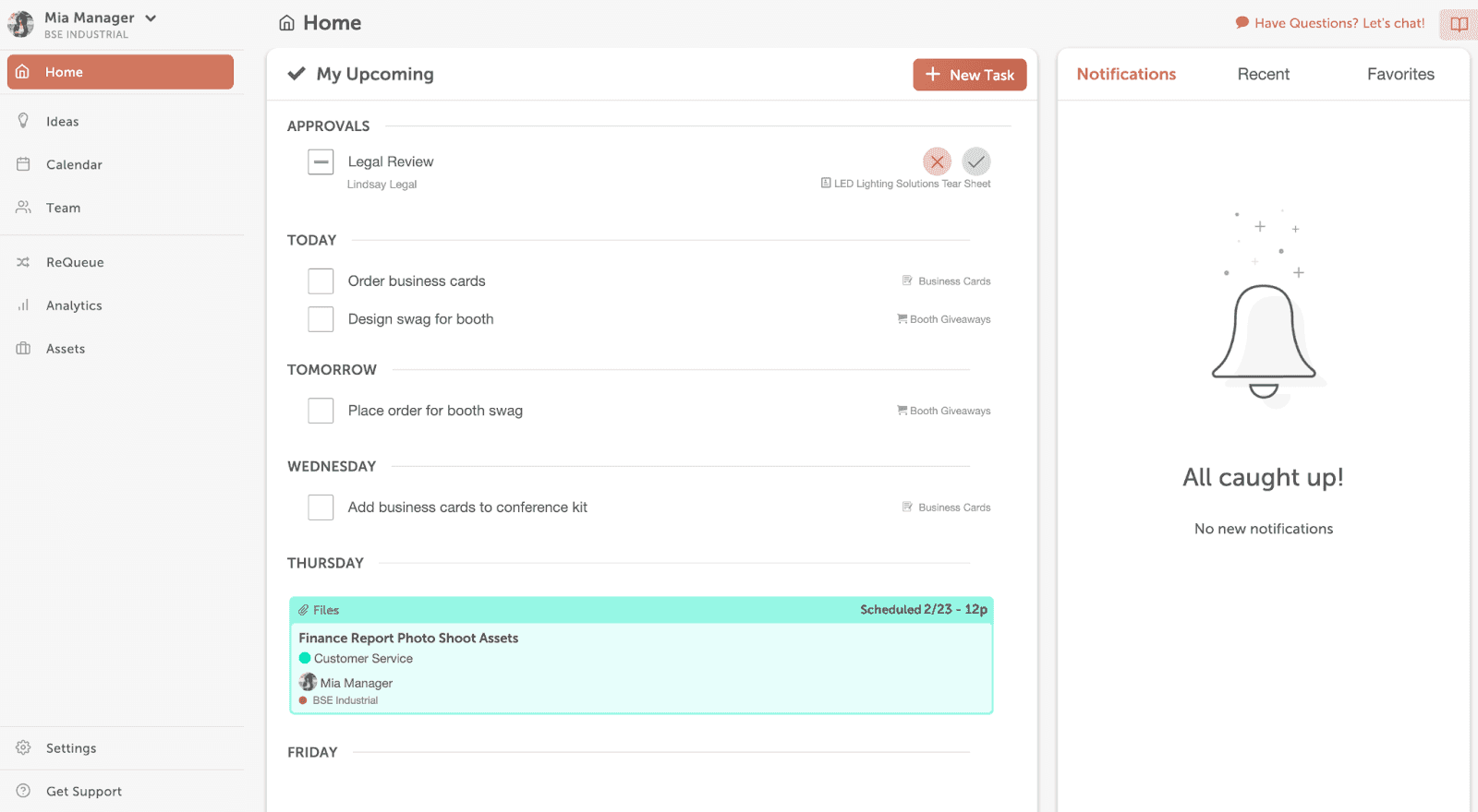 The home dashboard showing your tasks in CoSchedules marketing suite.