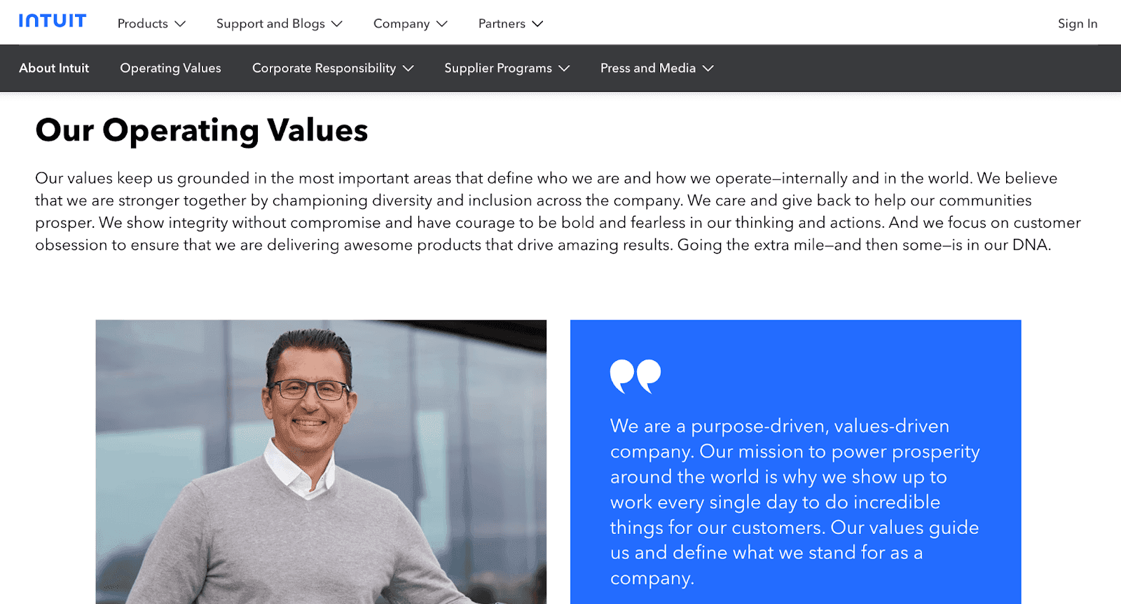 Intuit has a large paragraph written under their page that says Our Operating Values.