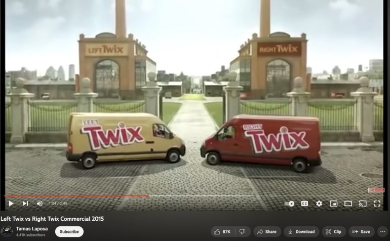 Twix commercial about the left twix vs. the right twix "comparing" the two even though the taste is the same.