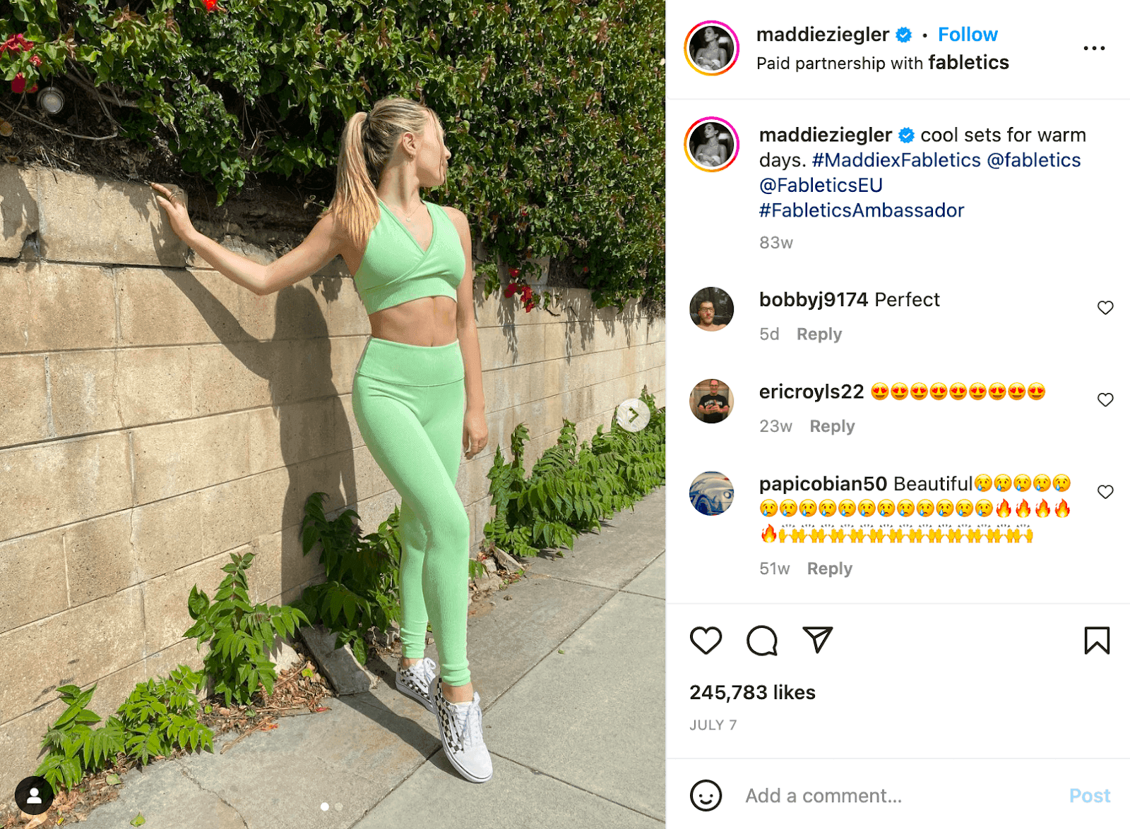 Fabletics athletic set being promoted by famous dancer Maddie Ziegler on her Instagram.