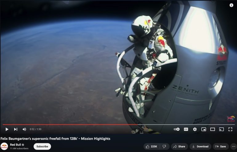 Red Bull commercial that involves the supersonic freefall of Felix Baumgartner.