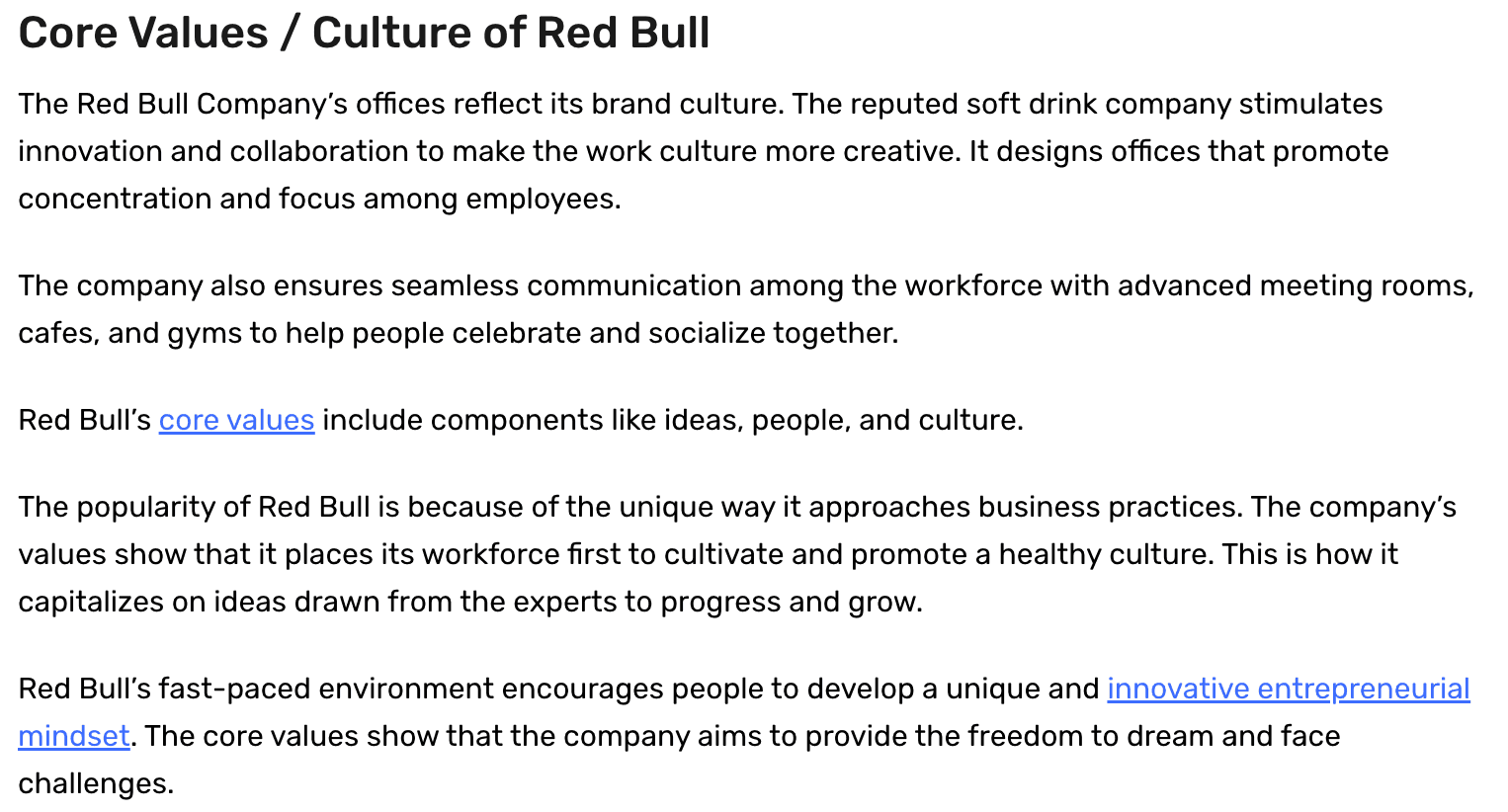 Red Bulls simple core values stated as ideas, people, and culture.