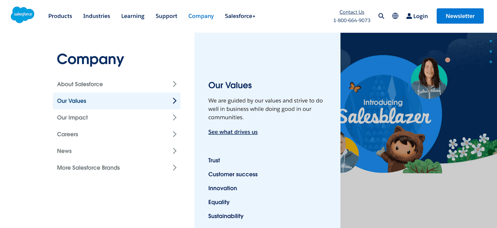 Salesforce has five values listed as trust, customer success, innovation, equality, and sustainability.