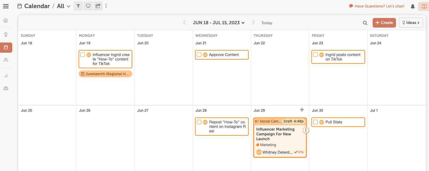 screenshot of CoSchedules Marketing Calendar, along with some tasks on the calendar.
