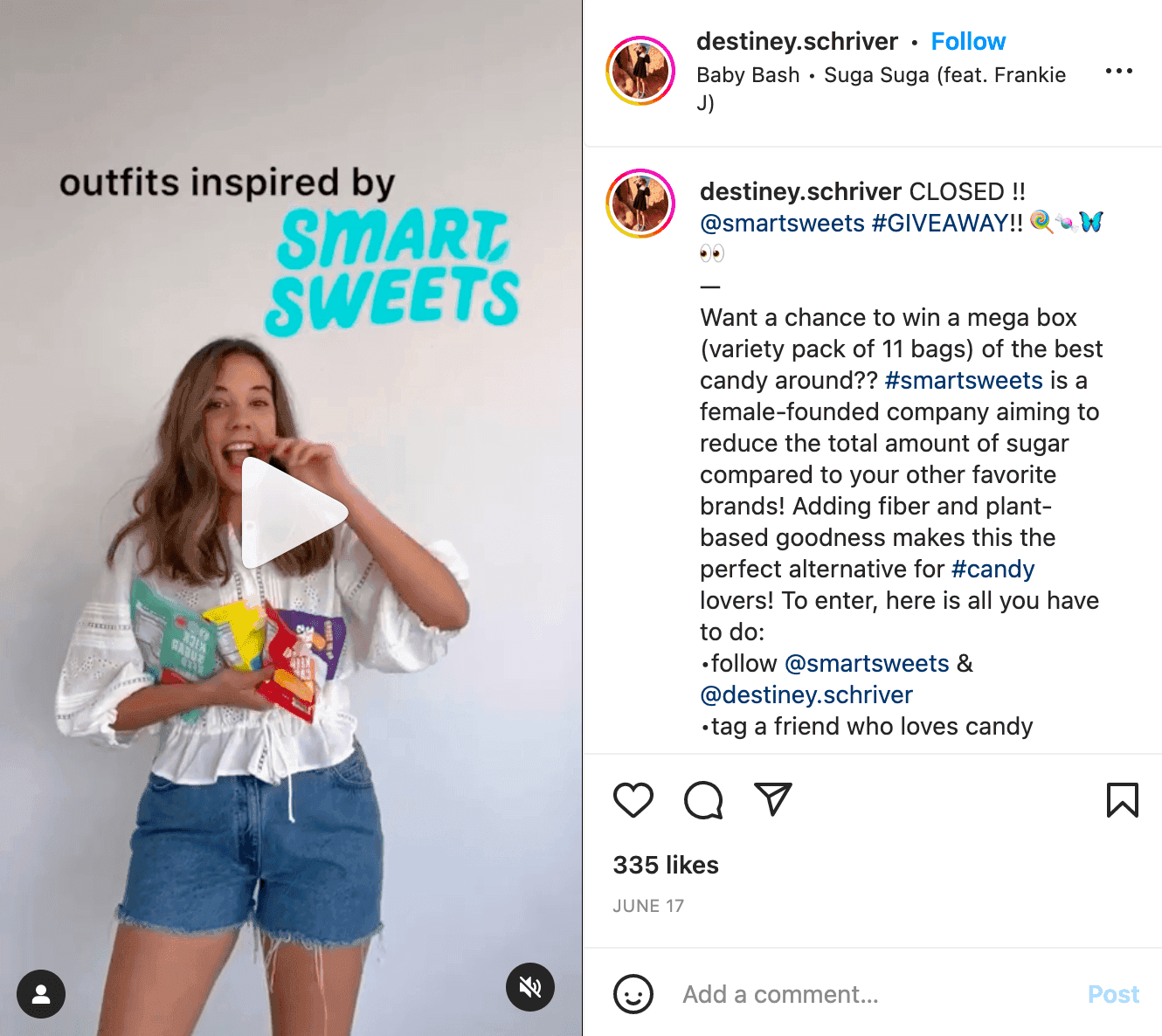 An instagram post of influencer Destiny Schriver doing a giveaway of smart sweets, a candy company.