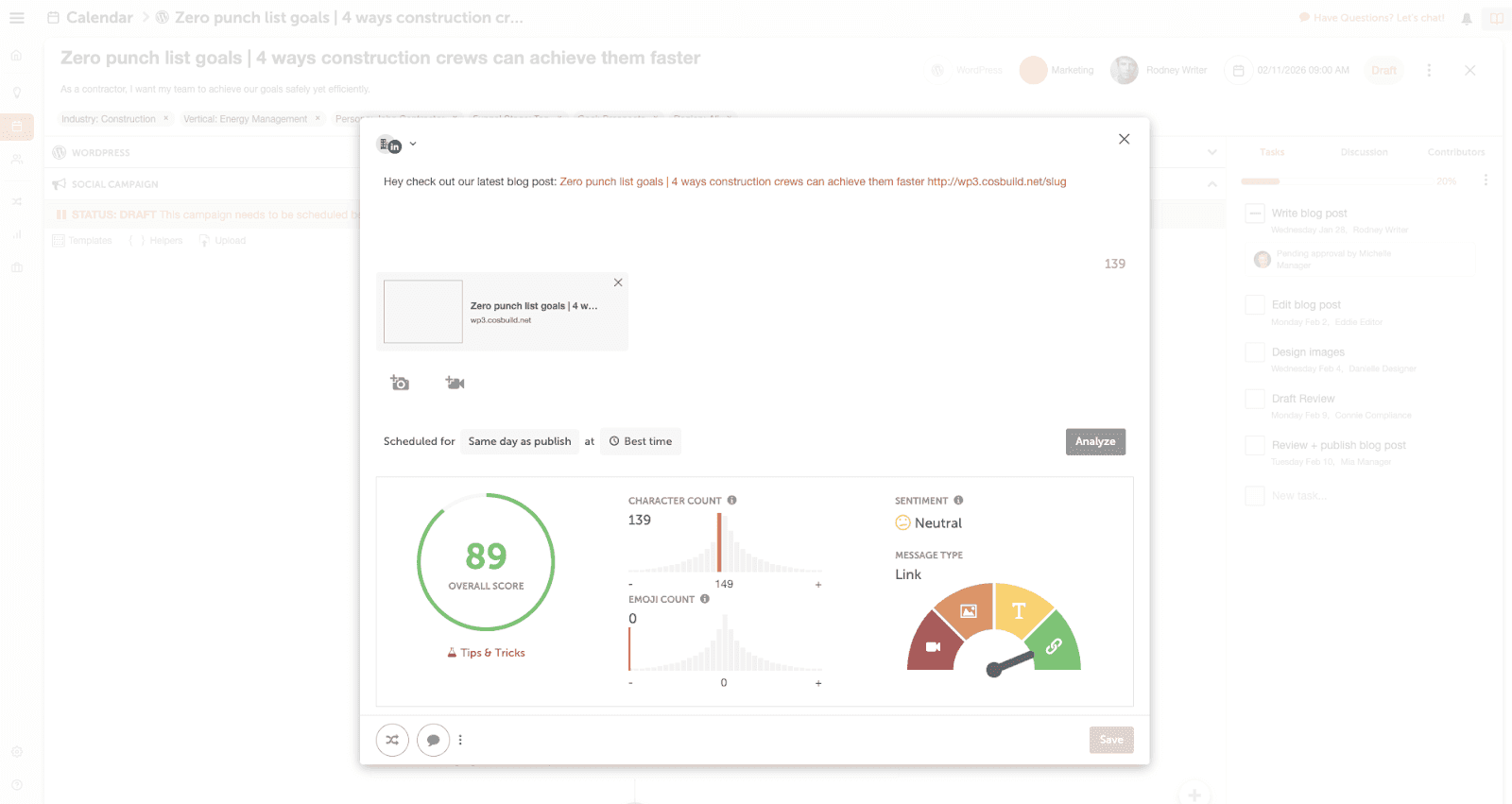 Example of how you can use the social message optimizer to create and correct social messages.