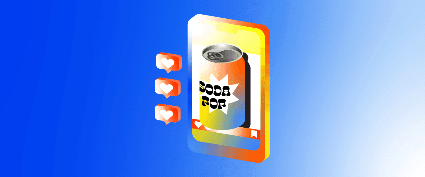 Blue background with a multicolor graphic of a can that says 'soda pop' next to three heart graphics