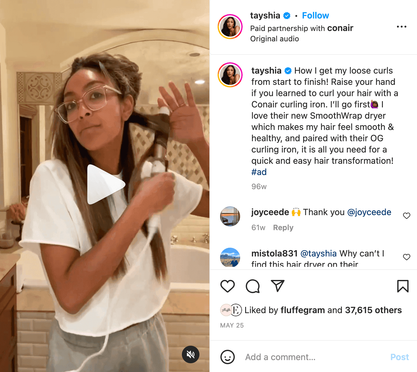 An influencer Tayshia using a curling iron on her Instagram to show her followers how she styles her hair with this specific curling iron.