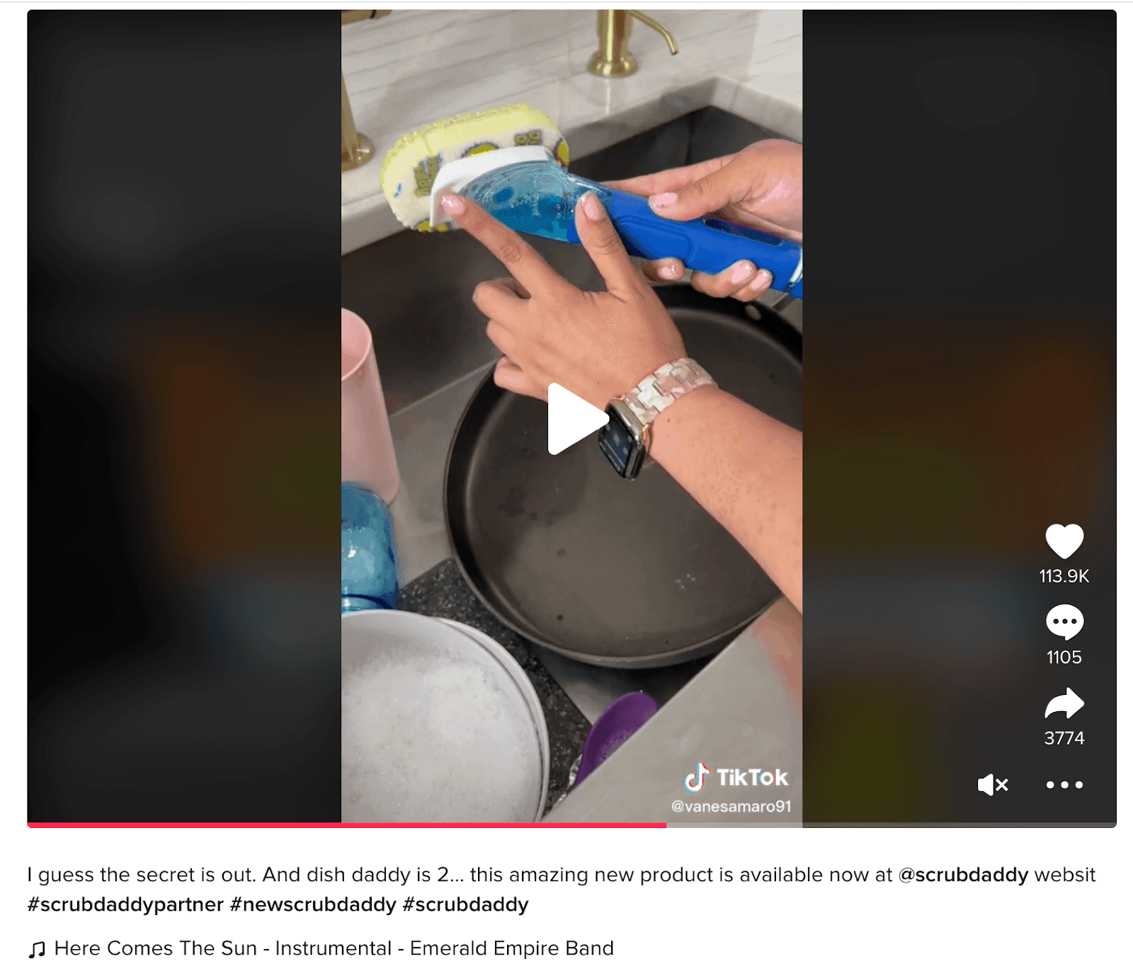 TikTok screenshot of someone reviewing and promoting a scrub daddy by using it to clean their pan.