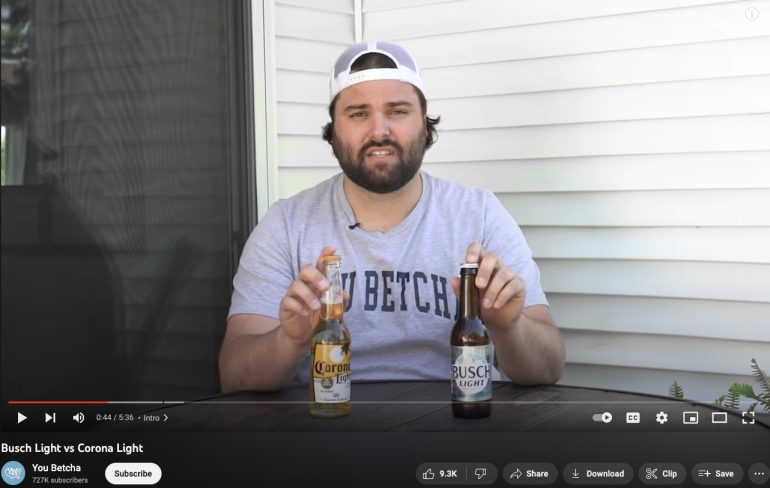 You Betcha guy making a youtube video comparing two beers, busch light and corona.