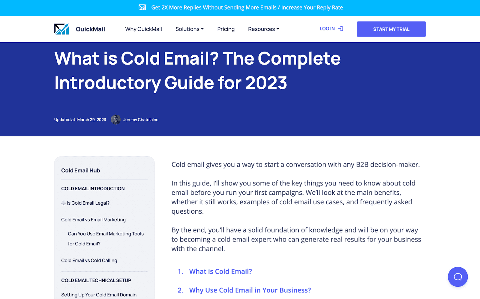 A post by quickmail explaining what cold email is and a complete introductory guide for 2023.