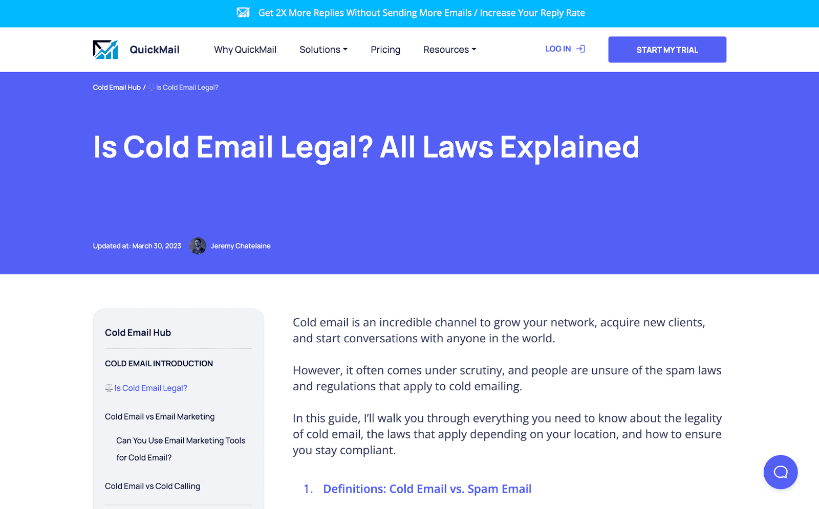 A page by quickmail addressing the laws of cold email explained and if it is legal or not.