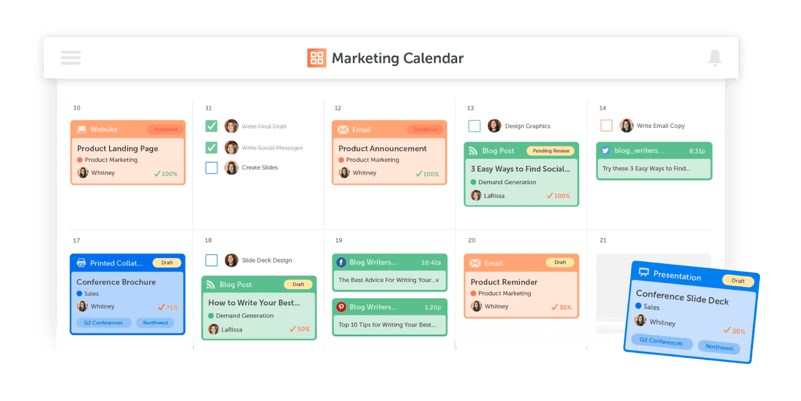 Screenshot of CoSchedules marketing calendar where you can view everything all in one place.