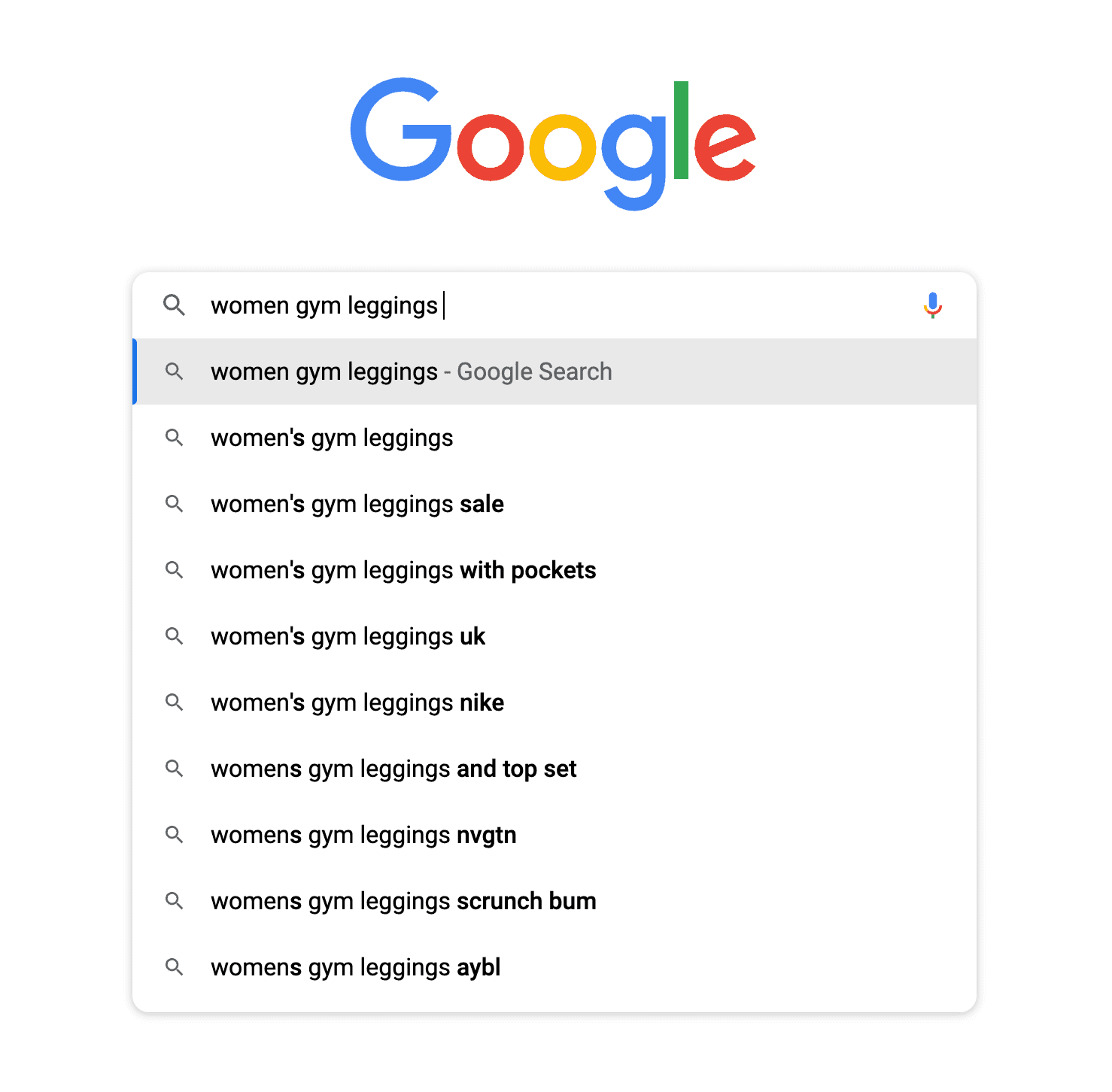Example of all the suggestions that come up on google when searching for "women gym leggings."