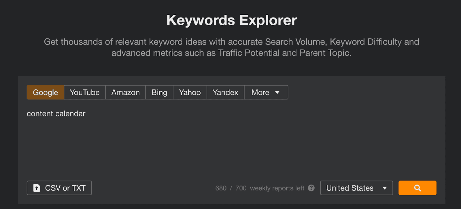 The keywords explorer shown with multiple options on the site ahrefs.