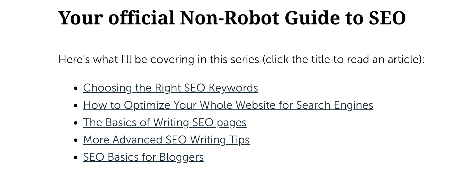 Your official non-robot guide to seo, including how to pcik the right seo words, optimizing based on your website, the basics of seo and advanced writing tips.