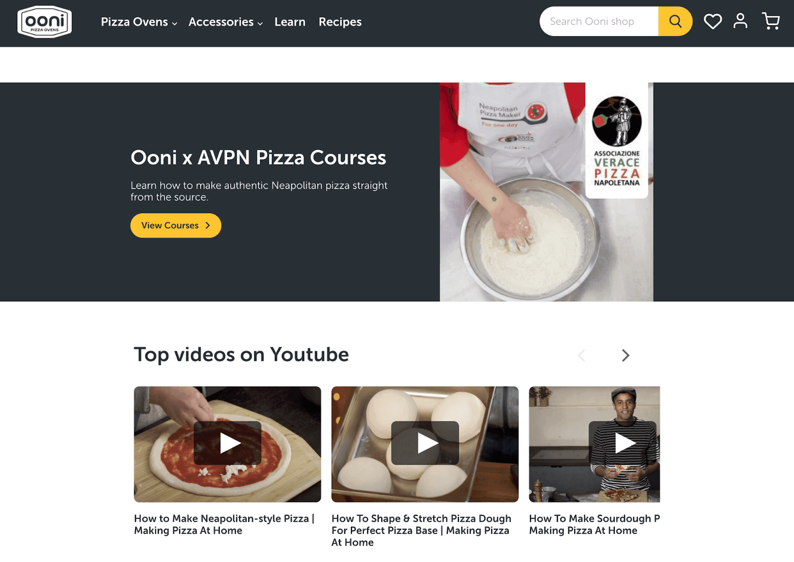 Ooni pizza oven website showing courses available online and videos on how to make pizzas.