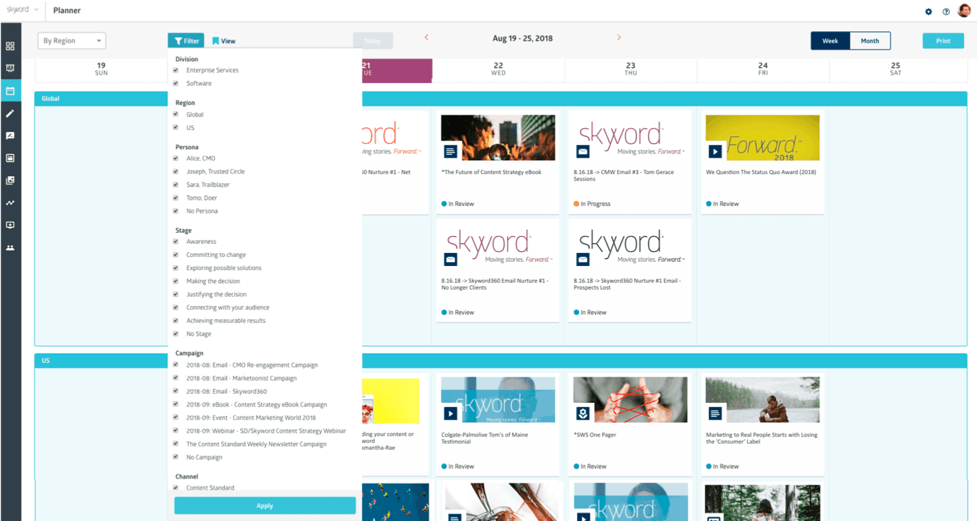 Screenshot of Skyword marketing platform showing skyword 360 one of their the most popular services.
