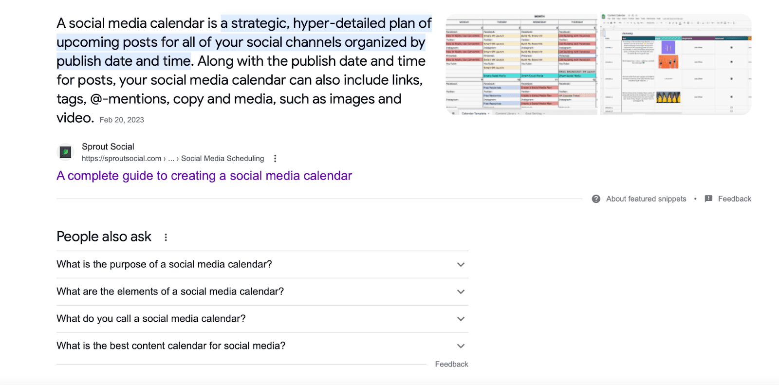 A highlighted part of a website on google explaining what a social media calendar is and how to create one.