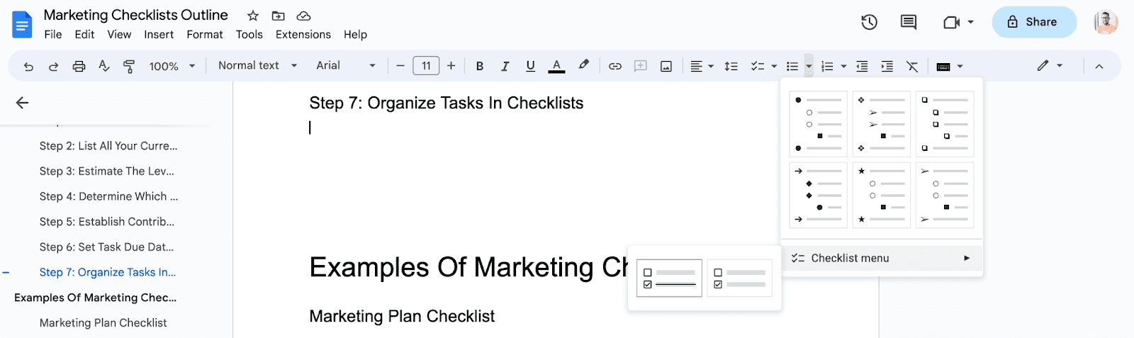 Marketing checklist outline on Google Docs