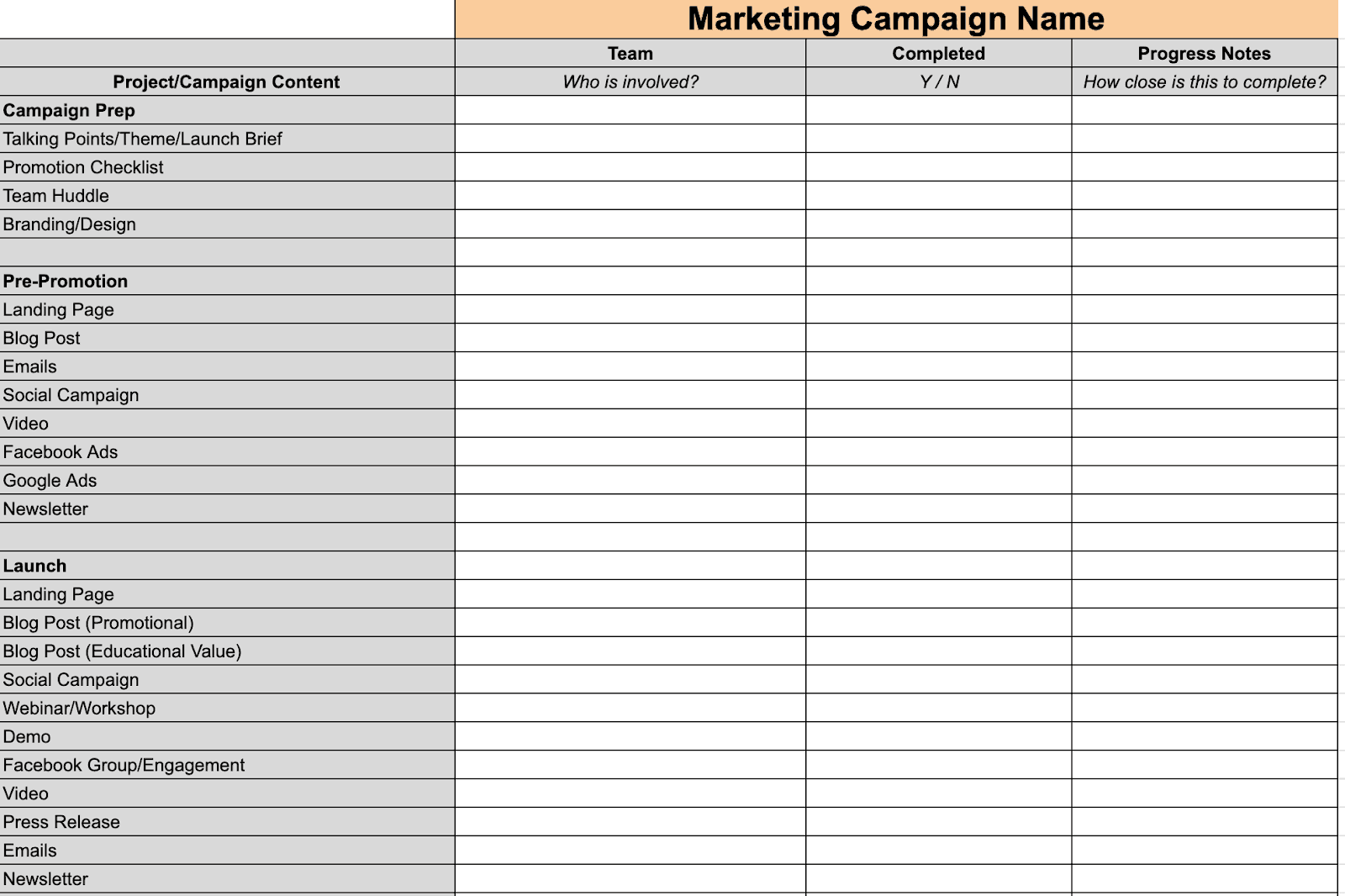Marketing Campaign spreadsheet