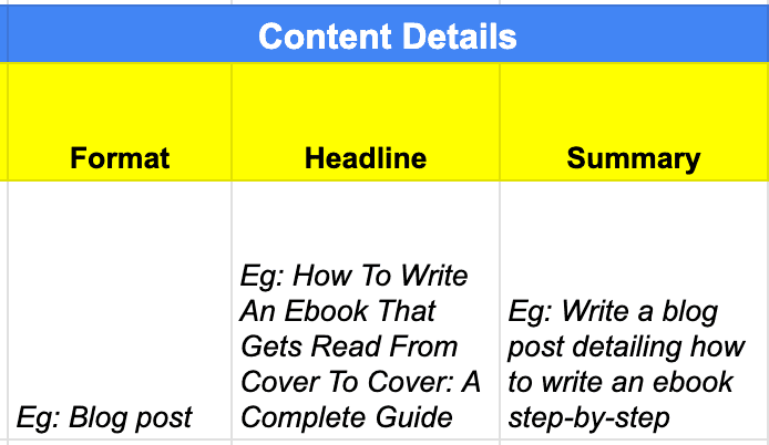 Content details like format, headline and summary.