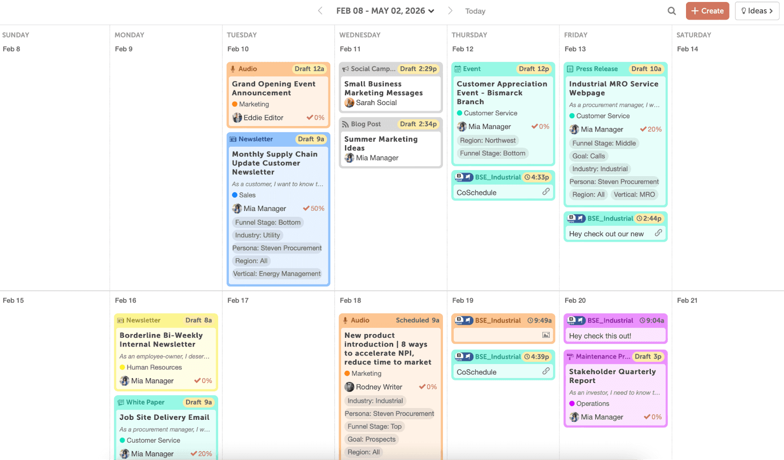 CoSchedule calendar with color coded tasks