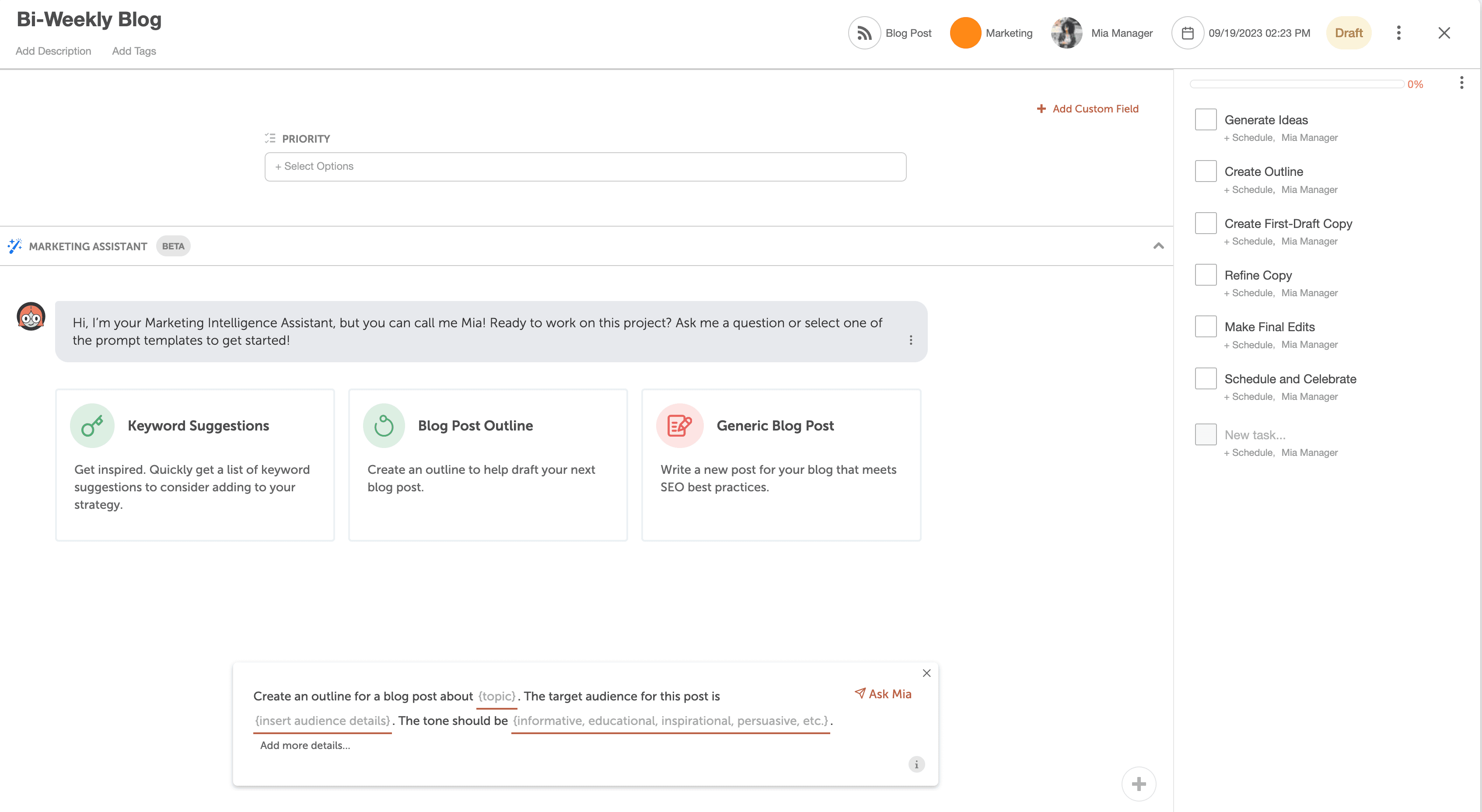 Use AI templates to create blog post outline