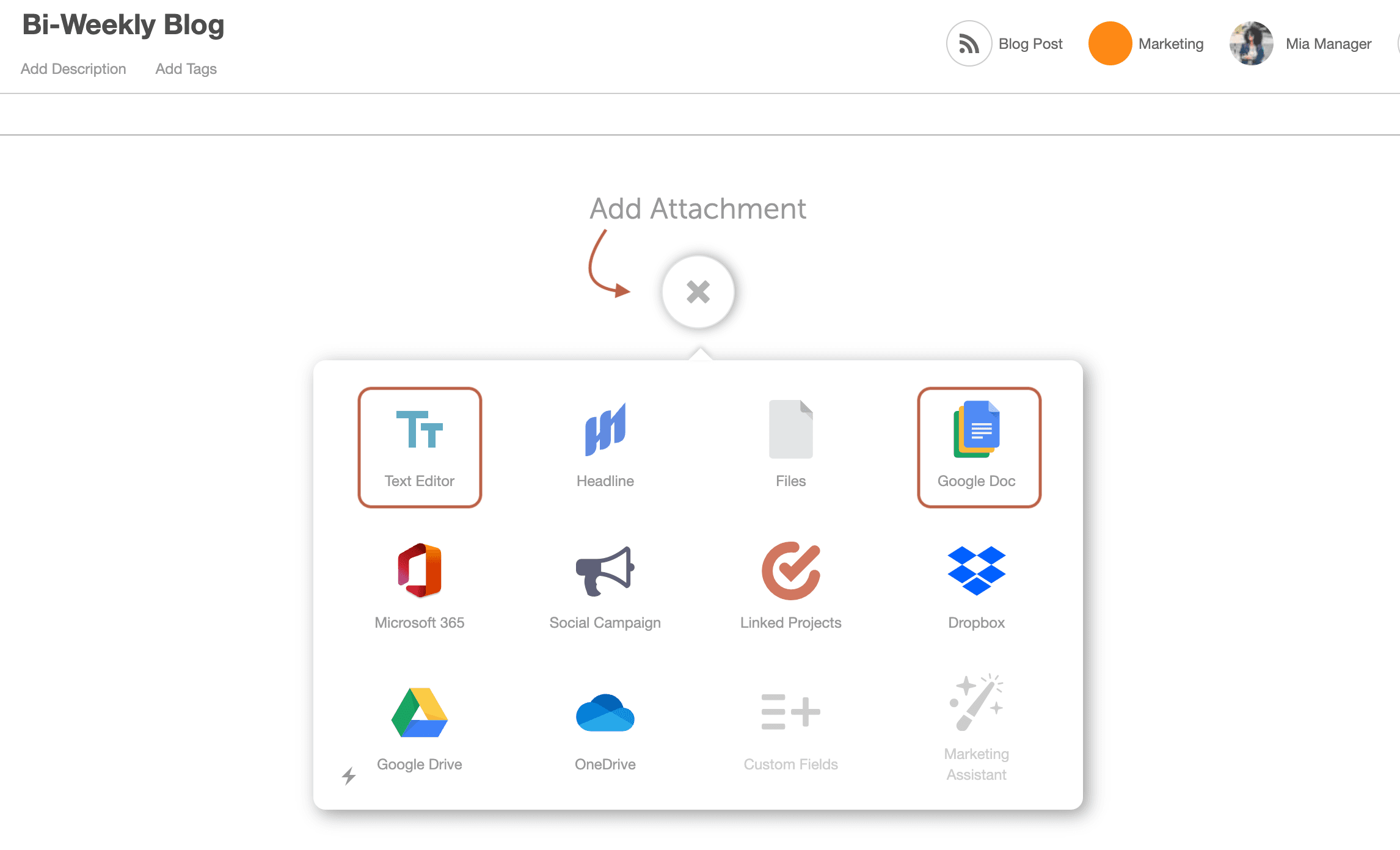 Use 'add attachment' menu to seamlessly insert a text editor or Google document into the project.