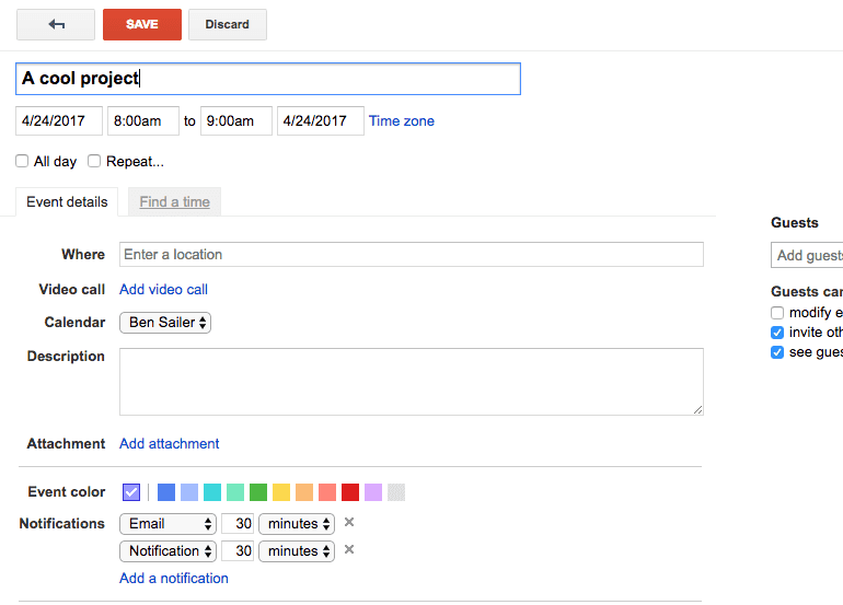 Editing an event on Google calendar