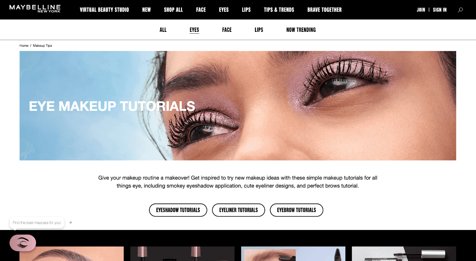 Maybelline website containing eye makeup tutorials