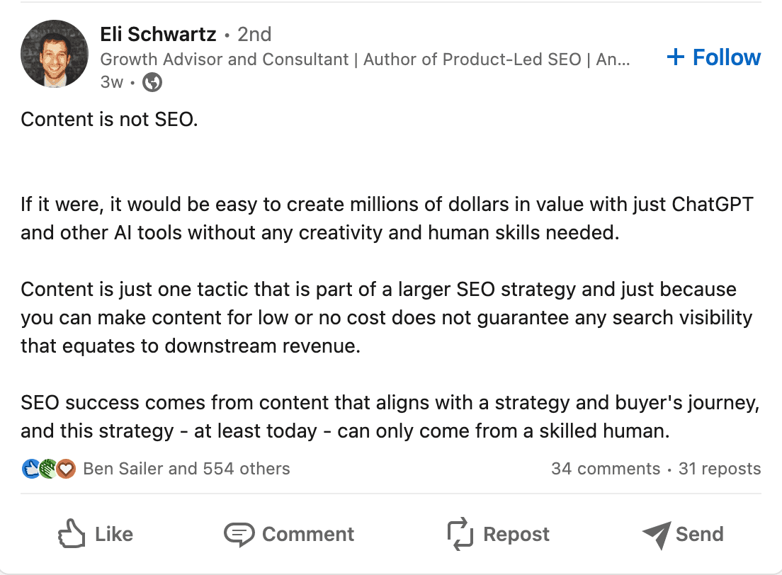 LinkedIn post by Eli Schwartz saying content is not SEO