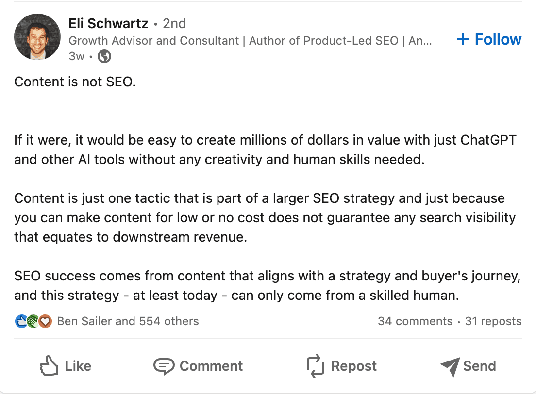 Сообщение LinkedIn Эли Шварца о том, что контент не является SEO