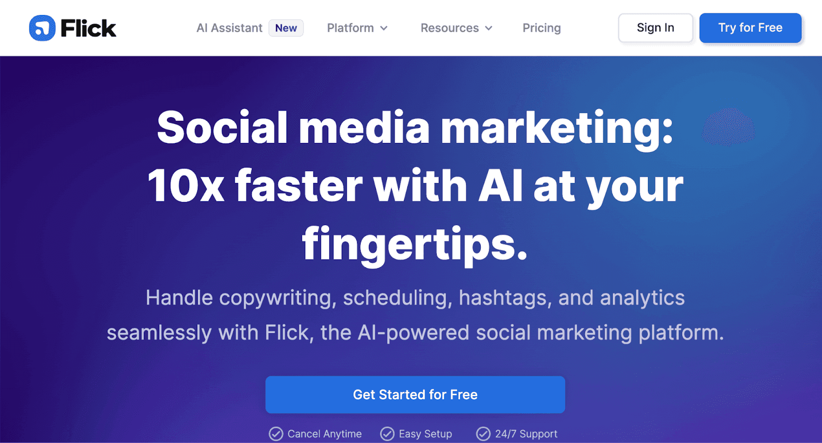 Flick webpage - Social media marketing: 10x faster with AI at your fingertips