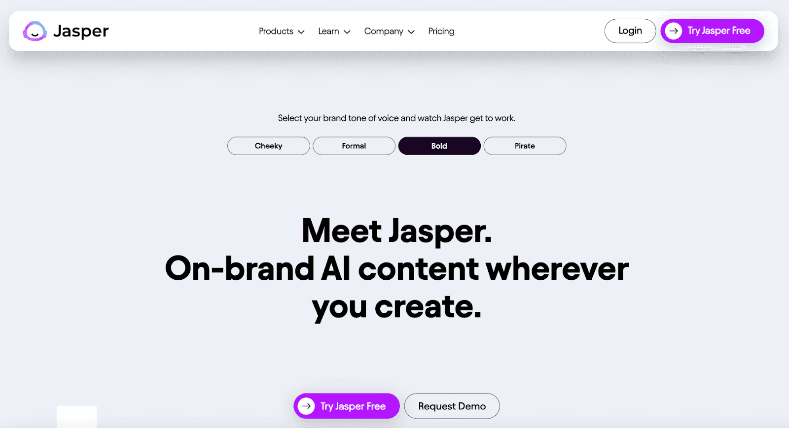 Screenshot of AI software Jasper homepage - Meet Jasper. On-brand AI content wherever you create.